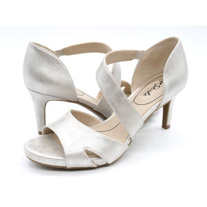 Lifestride Sandals Womens 9 Silver Faux Leather Mary Jane Open Toe Mega Heeled
